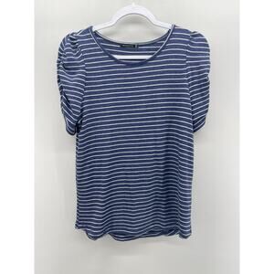 Staccato Dusty Blue White‎ Stripe Short Mutton Puffy Sleeve Knit Top